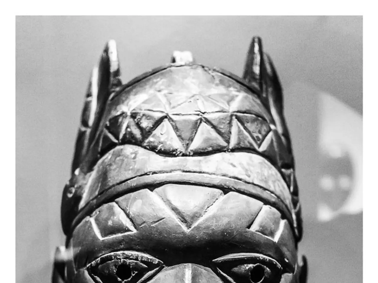 In the picture we can see a sculpture of a human face.