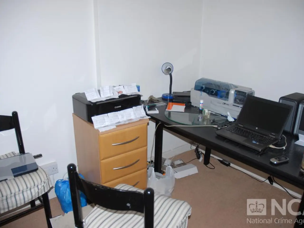 There are laptop,a printer,a table lamp and few other articles on table. There is printer on a set...