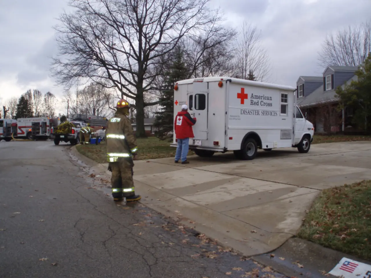 This image is clicked outside. There are trees in the middle. There are ambulances in the middle....