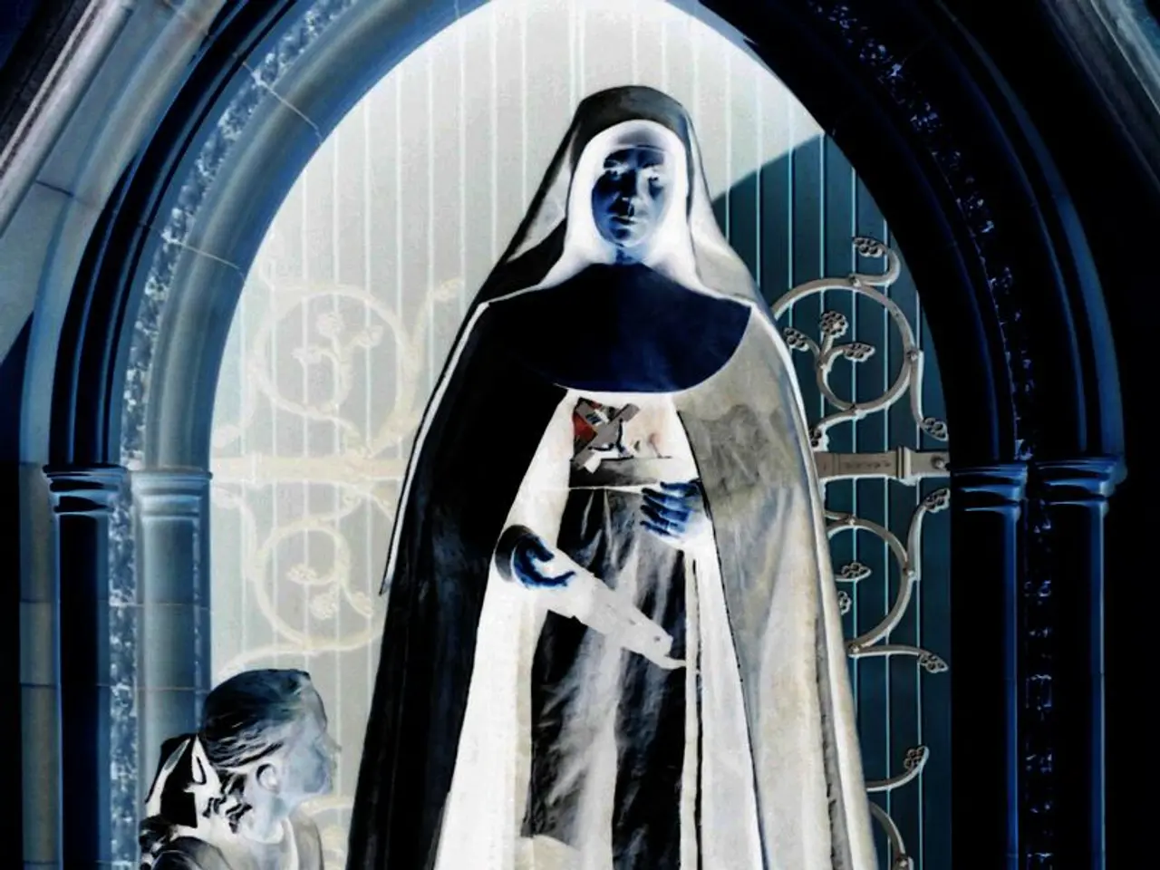 I can see a woman standing and two children sitting and holding few objects in their hands.. In the...