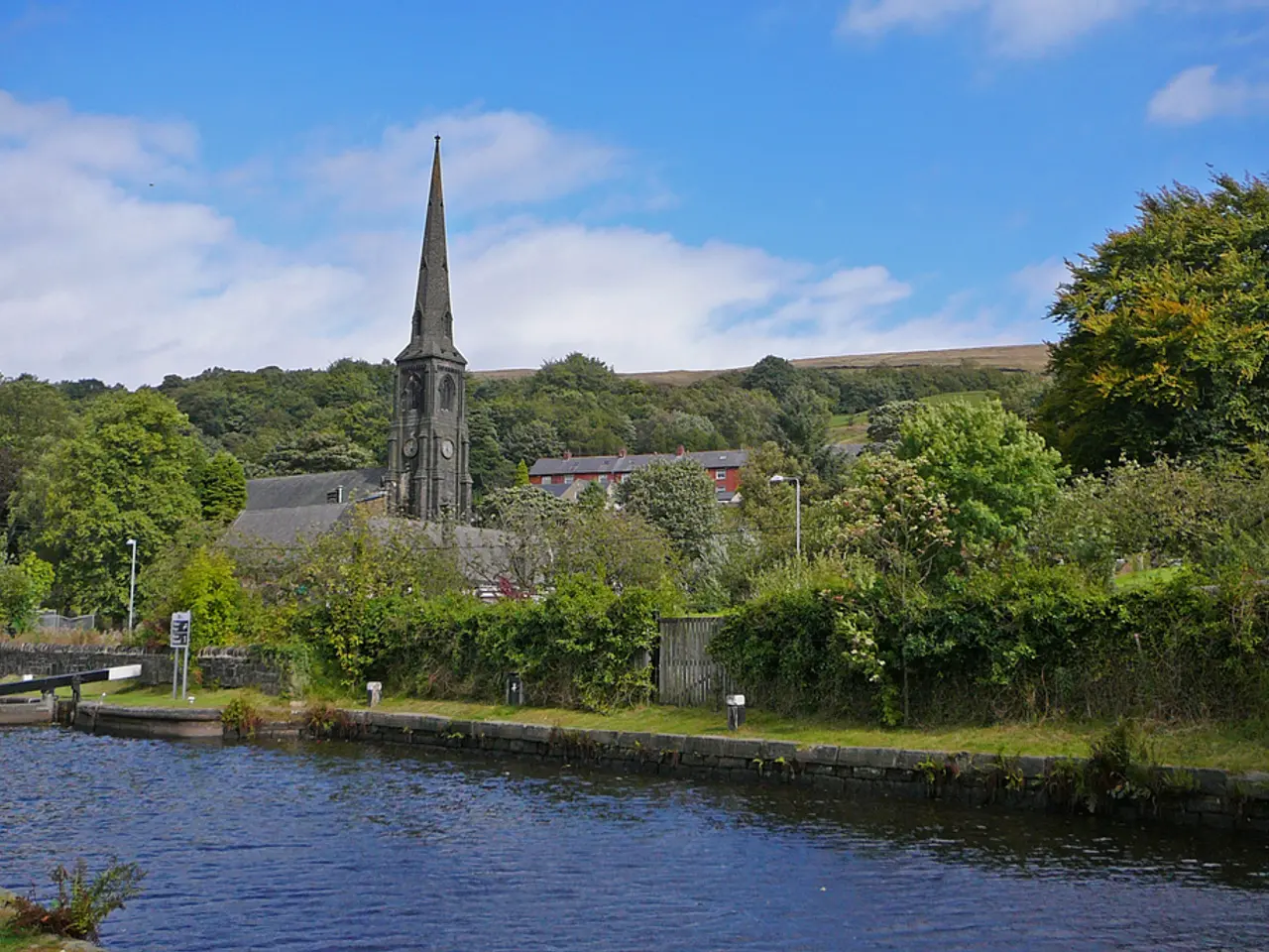 Sky is cloudy. Beside this water there are plants, buildings, clock tower and trees. These are...