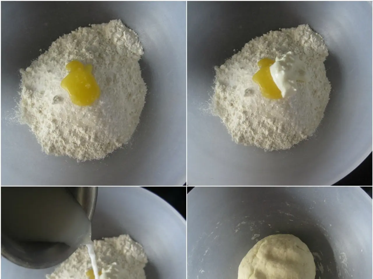 In the image we can see college photos. In it we can see food items like flour, liquid and a dough.