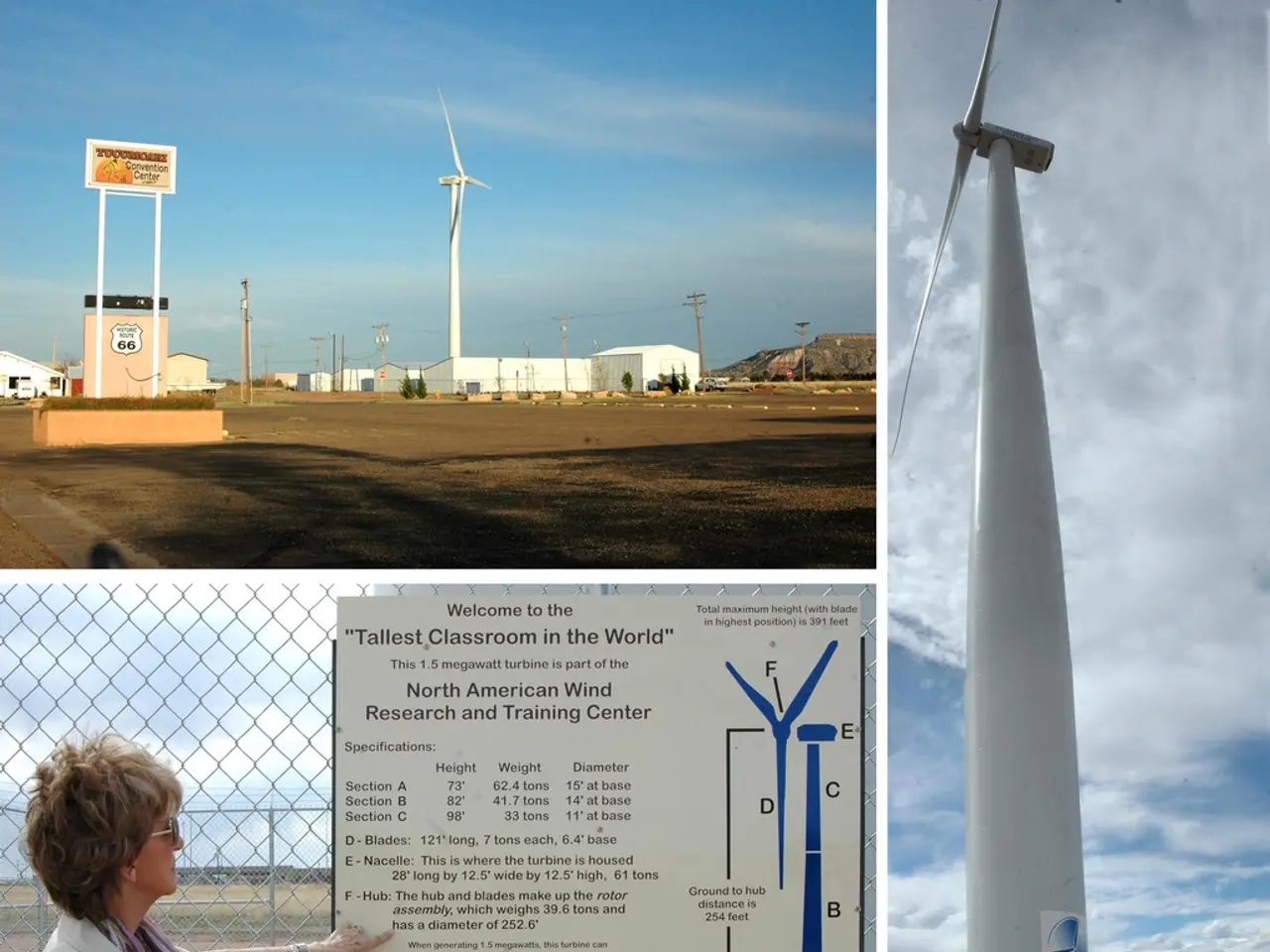 This is a collage picture. In this collage we can see windmills, electric poles, cables, buildings,...