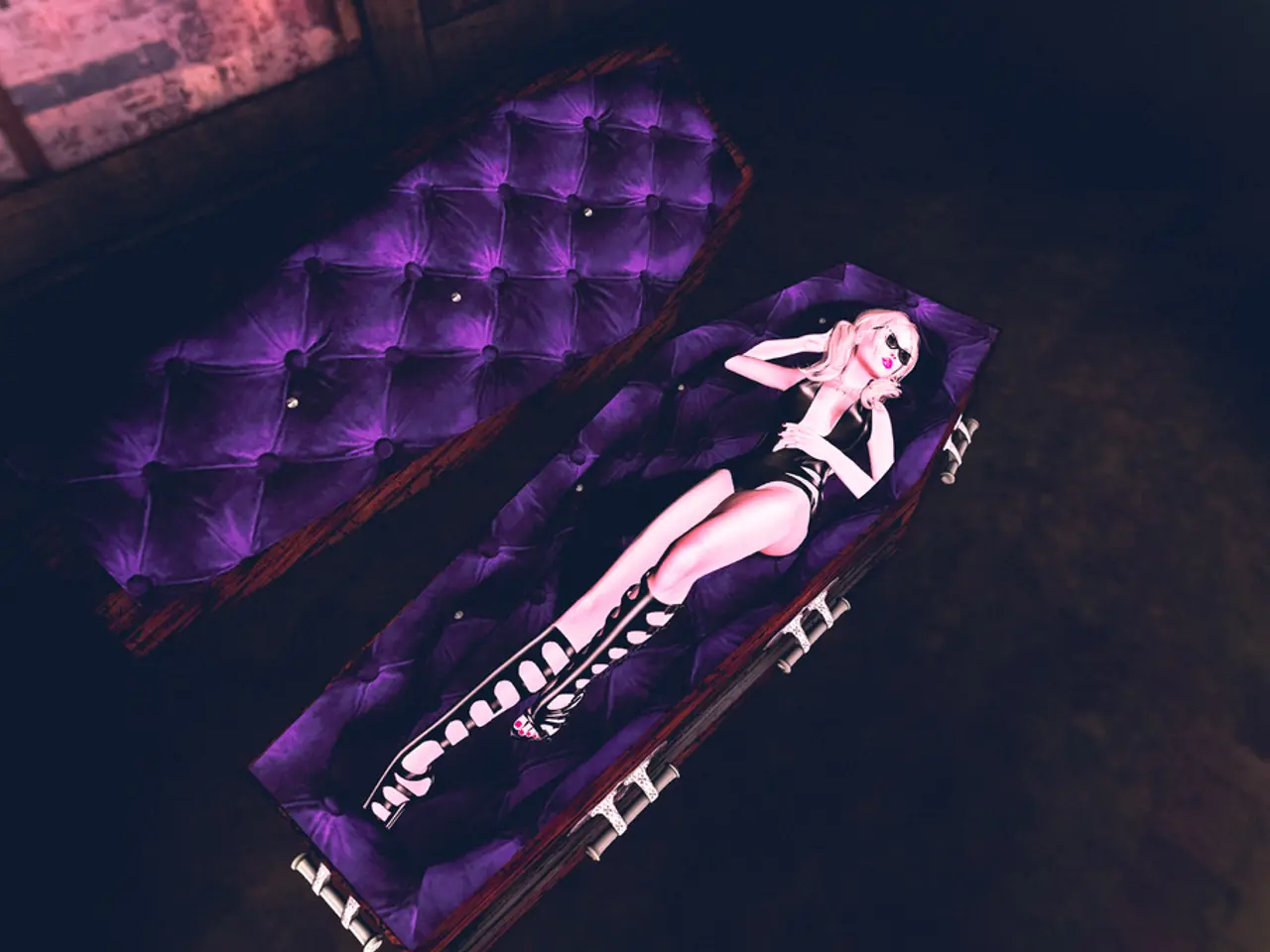 This is a graphic image, there is a woman in black dress laying inside a coffin.