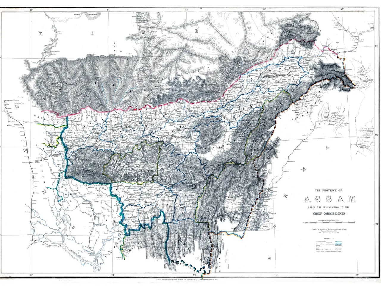 The image shows a black and white map of the provinces of Assam, with text written on it. The map...