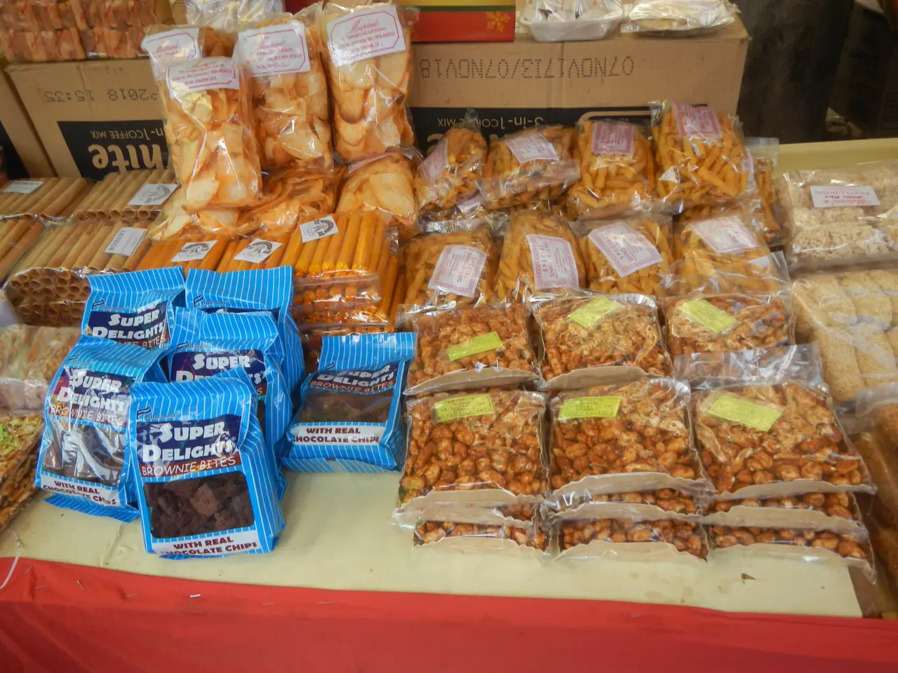 The image shows a table topped with lots of different types of snacks, including packets of nuts...