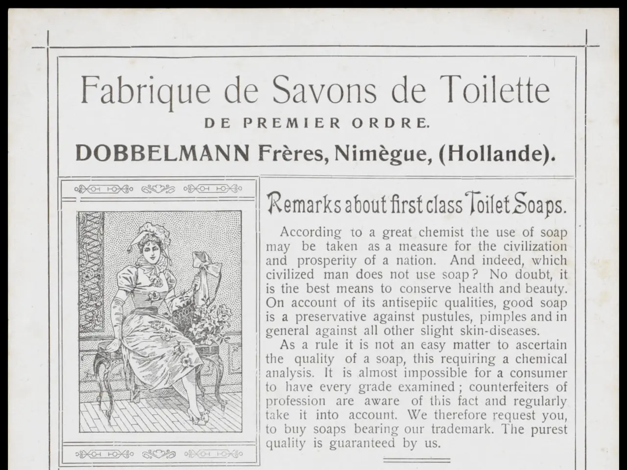 The image shows an old advertisement for a toilet with a picture of a woman sitting on a chair. The...