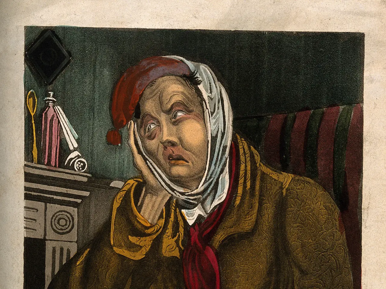 The image shows an old woman sitting in a chair with a bandage on her head, surrounded by various...