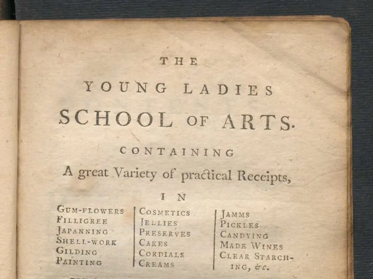 The image shows an open book with the title "The Young Ladies School of Arts containing a great...