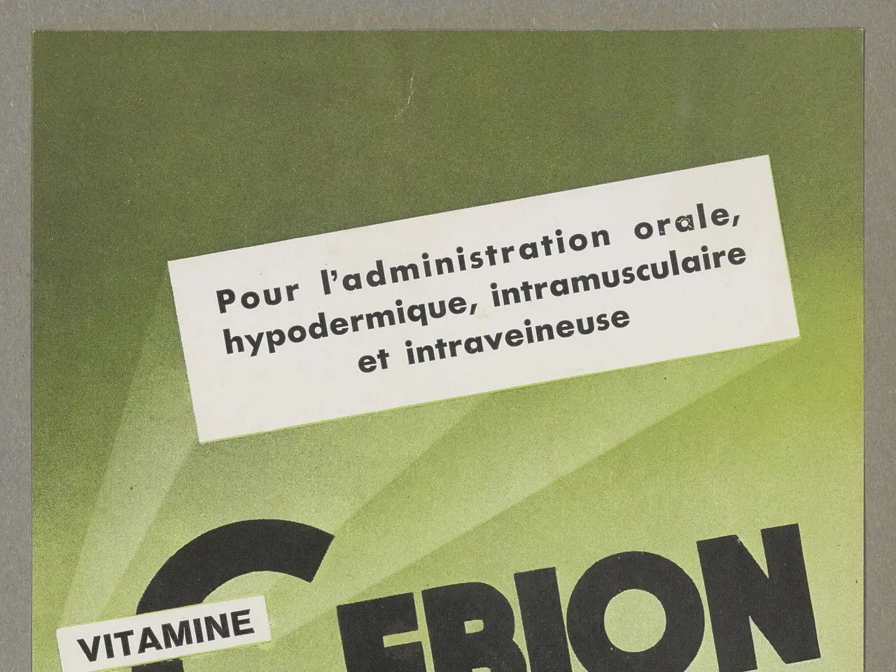 The image shows a poster with a bottle of Cebion Merck Vitamin C and a box of pills on it. The...
