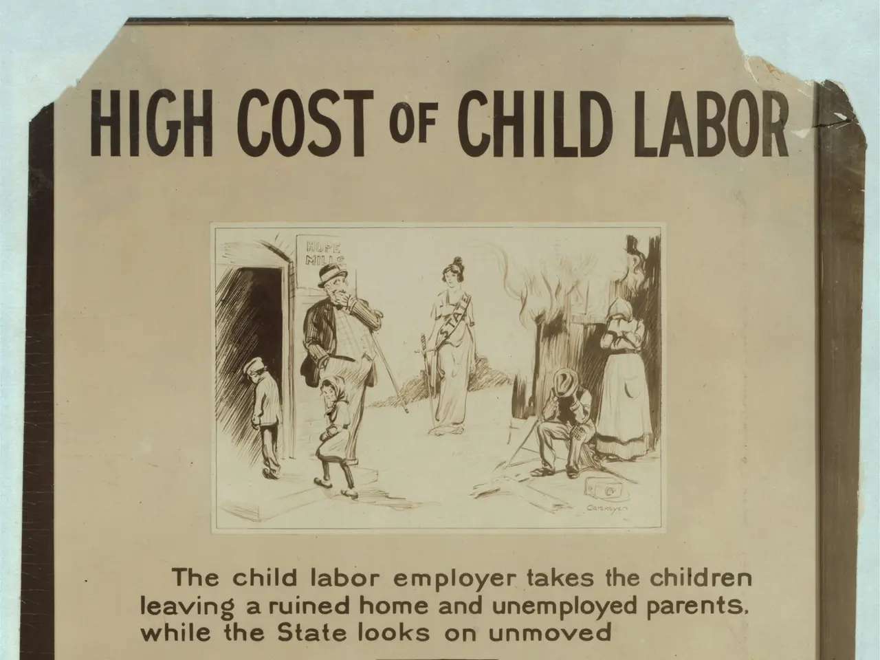 The image shows a poster with text and pictures depicting the high cost of child labor. The poster...
