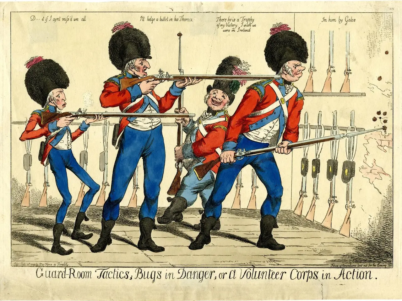 The image shows a cartoon depicting a group of men in uniform, armed with guns, standing in a guard...