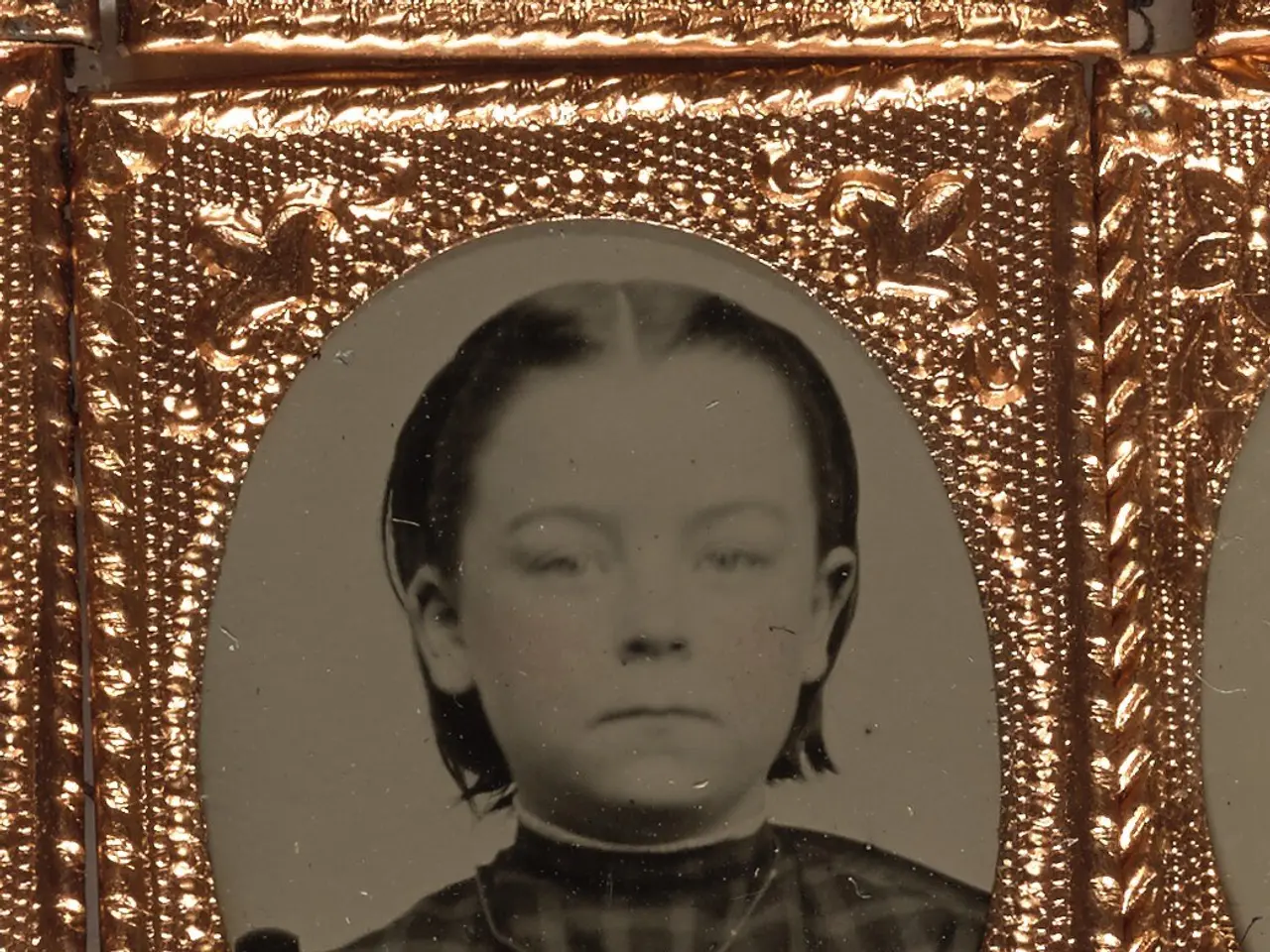 The image shows a daguerreotype of a young girl in a black and white photo frame. She has a serious...