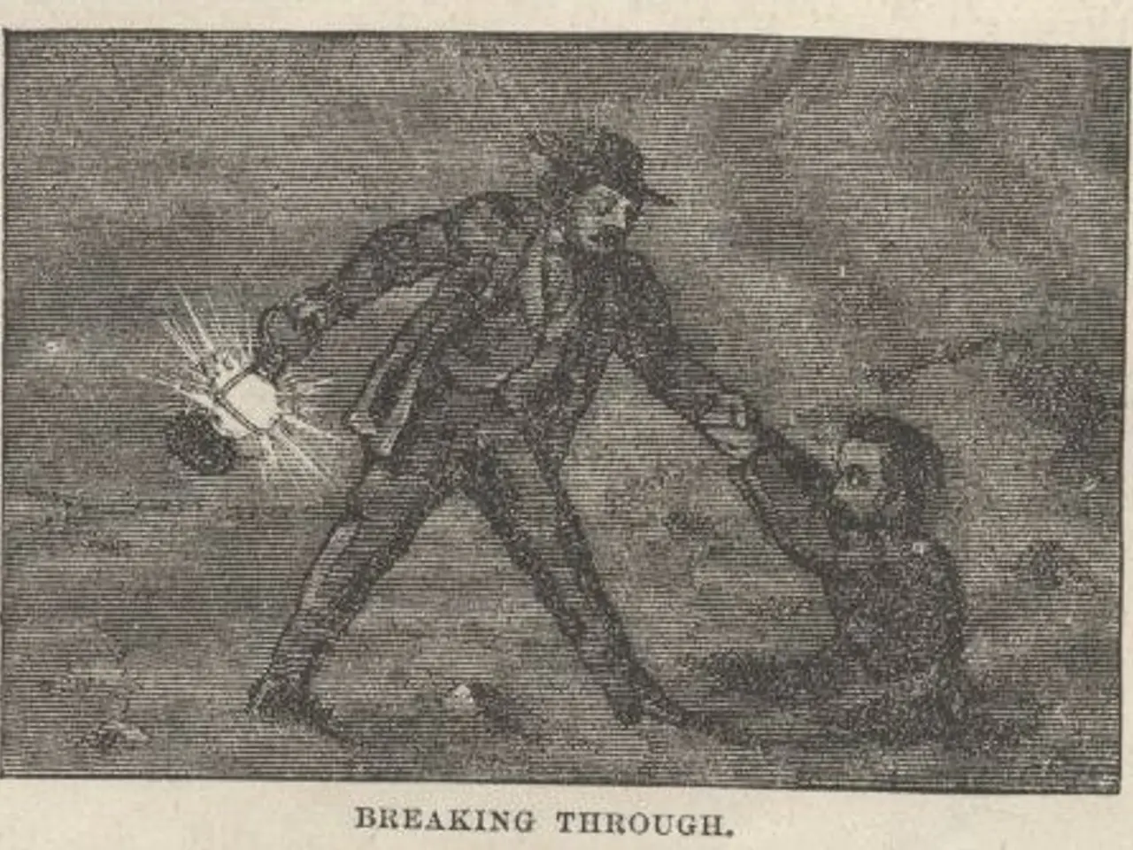 The image shows a man in a suit and hat holding a child's hand, with the words "breaking through"...