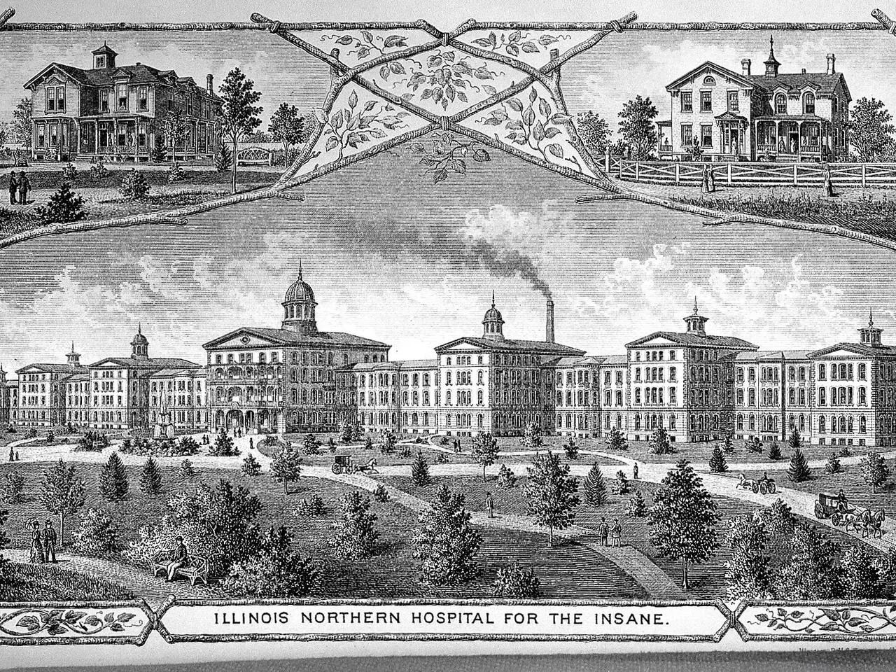 The image shows a black and white drawing of the Illinois Northern Hospital for the Insane, with a...