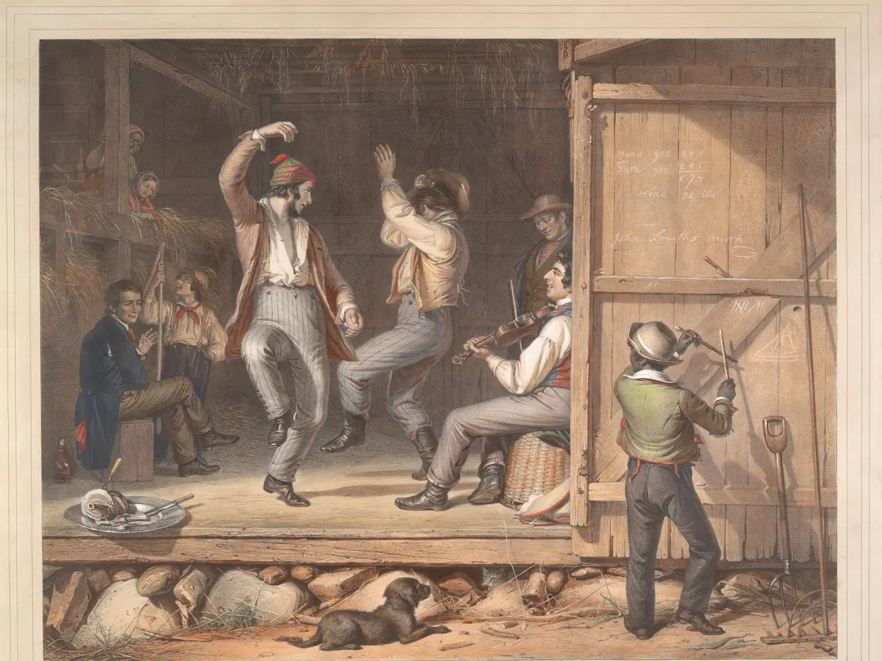 The image shows a painting of a group of people dancing in a barn, with some of them holding...