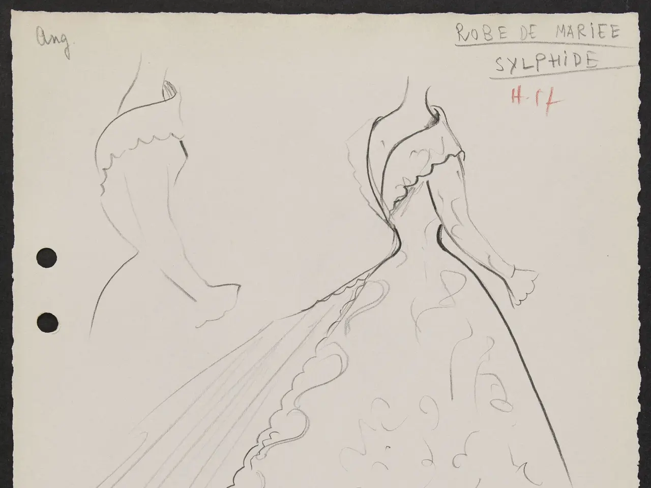 The image shows a drawing of a woman in a wedding dress on a piece of paper with text written on...