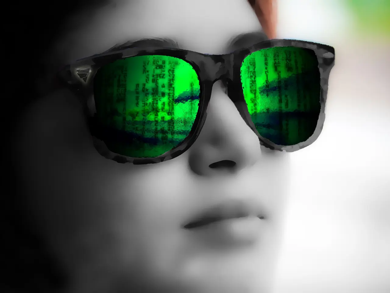 The image shows a woman wearing sunglasses with green lenses, her face illuminated by the sun's...