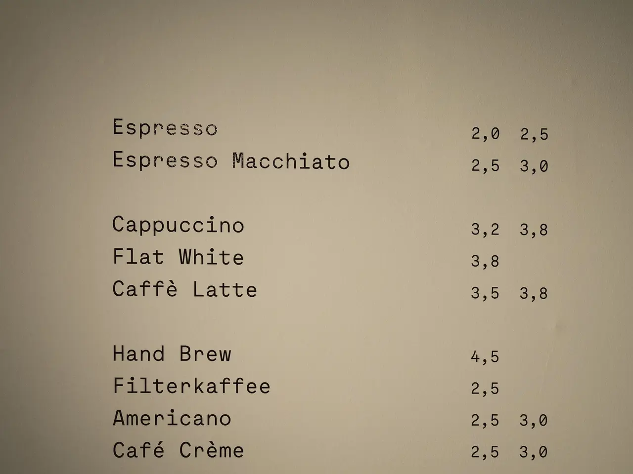 The image shows a menu card with a variety of coffee items listed on it, including espresso,...