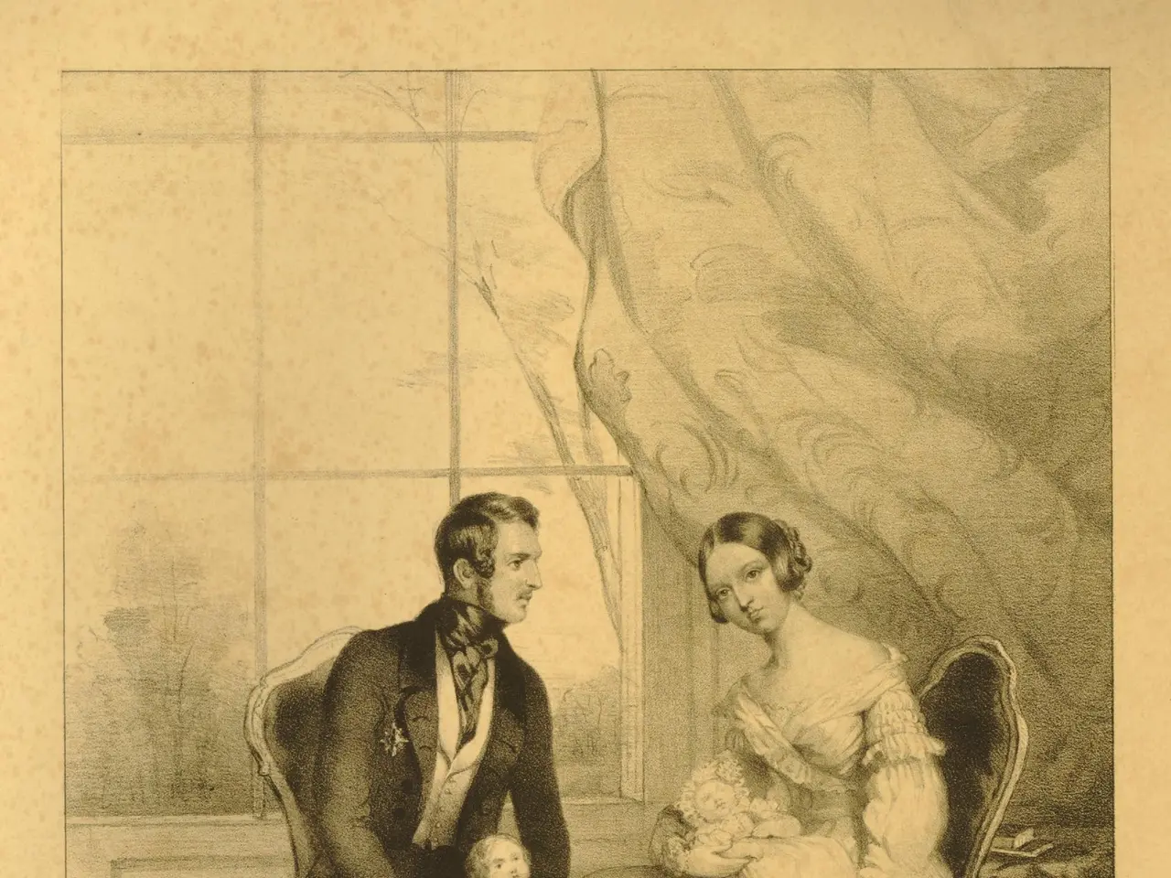 The image shows a man and woman sitting on a chair, with the woman holding a baby in her arms....
