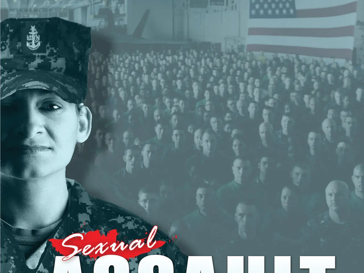 The image shows a poster with a woman in a military uniform standing in front of a crowd of people,...