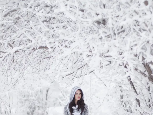 In this picture we can see a woman standing in the snow. There are a few trees covered with a snow.