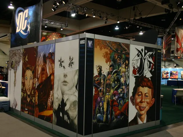 In this image we can see hoardings, tables, chairs, banners, lights, ceiling, wall, floor, carpet,...