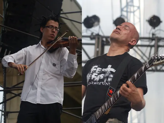 They both are standing and they both are playing musical instruments.