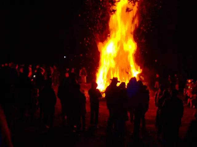 In this image there are group of people standing , and at the background there is fire.