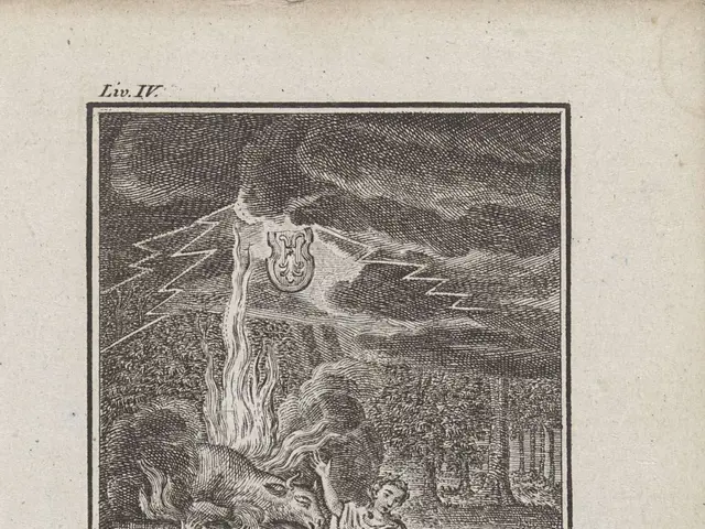 The image shows an open book with a drawing of a group of people gathered around a fire, with the...