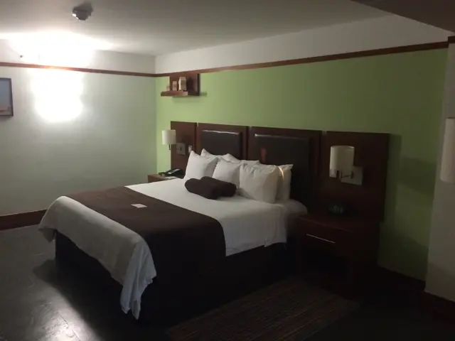 The image shows a hotel room with a large bed with pillows and blankets on it, two lamps on either...