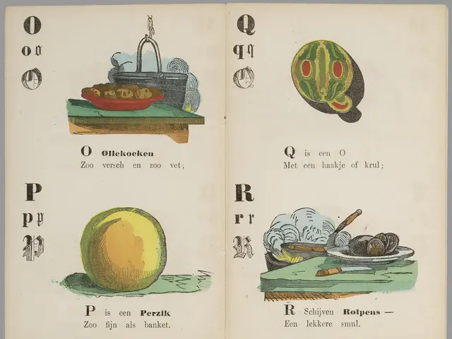 The image shows an open book with illustrations of various fruits and vegetables on it. The book...