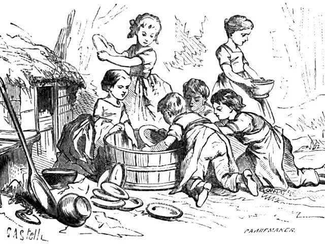The image shows a black and white drawing of a group of children washing their hands in a tub, with...