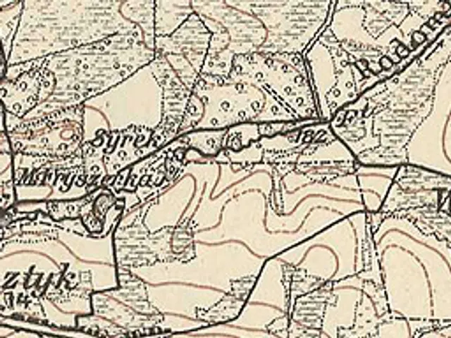 The image shows an old topographic map of Ruszkowice from 1897. It is a detailed map with various...