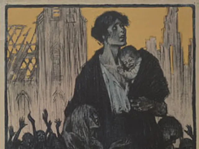 The image shows a poster with a woman holding a baby in her arms, surrounded by a group of people...