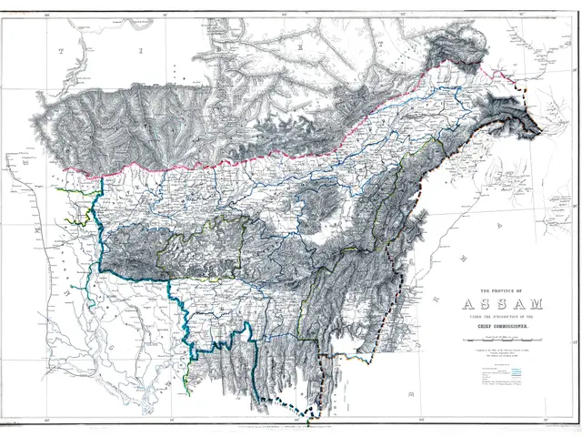 The image shows a black and white map of the provinces of Assam, with text written on it. The map...