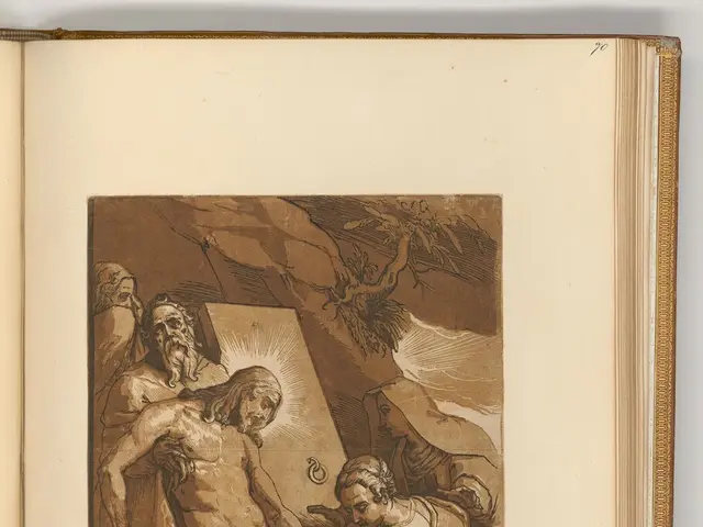 The image shows an open book with a drawing of a group of people on it. The book is resting on a...