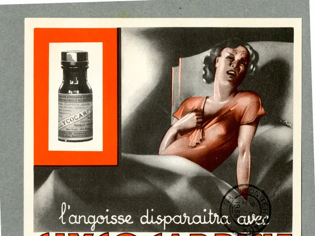 The image shows a woman lying on a bed with a bottle of Glycarpine beside her. The poster has text...
