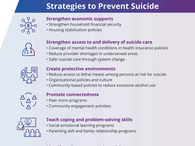 The image shows a poster with text and icons that outlines strategies to prevent suicide. The text...