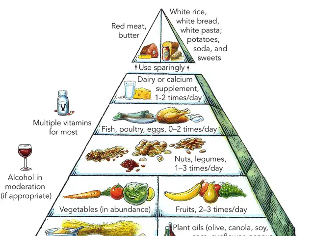 The image shows a food pyramid with different types of food on it, including fruits, vegetables,...