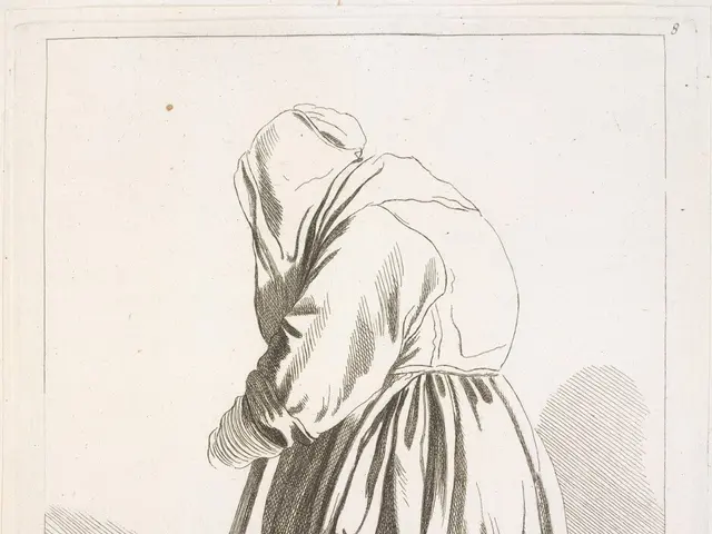 The image shows a woman with a cane in her hand, standing in front of a paper with something...