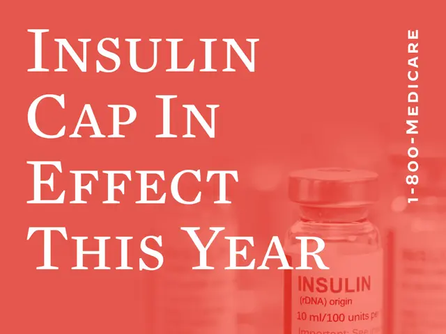 The image shows a poster with text that reads "Insulin Cap in Effect This Year" and a vial of...