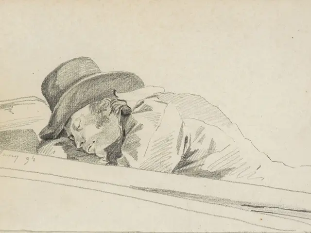 The image shows a drawing of a man wearing a hat, sleeping peacefully on a bed. His head is resting...