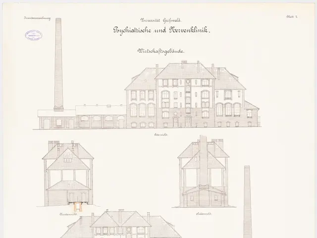 The image shows a drawing of a building with a lot of windows and a chimney, which is believed to...