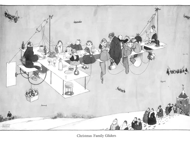 The image shows a group of people sitting around a table in the snow, with bottles, glasses,...