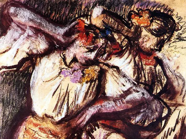 The image shows a painting of two dancers in a dance pose, painted by Edgar Degas. The painting is...