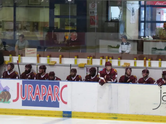 The image shows a group of hockey players sitting on top of an ice rink, wearing helmets and...