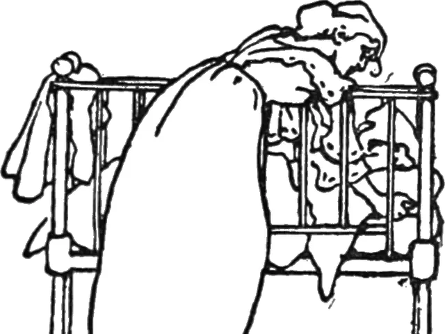 The image shows a black and white drawing of a man in a hospital bed, with a blanket draped over...