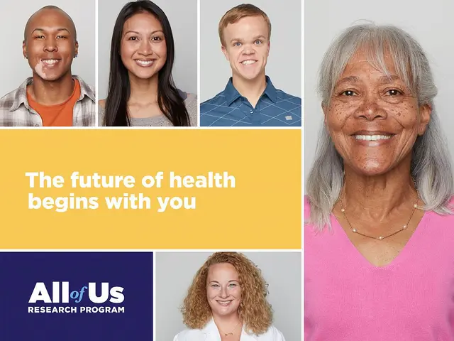 The image shows a collage of six people smiling, with the text "The future of health begins with...