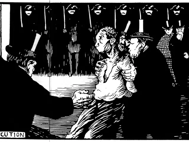 The image shows a black and white cartoon depicting a man being escorted by a police officer, with...